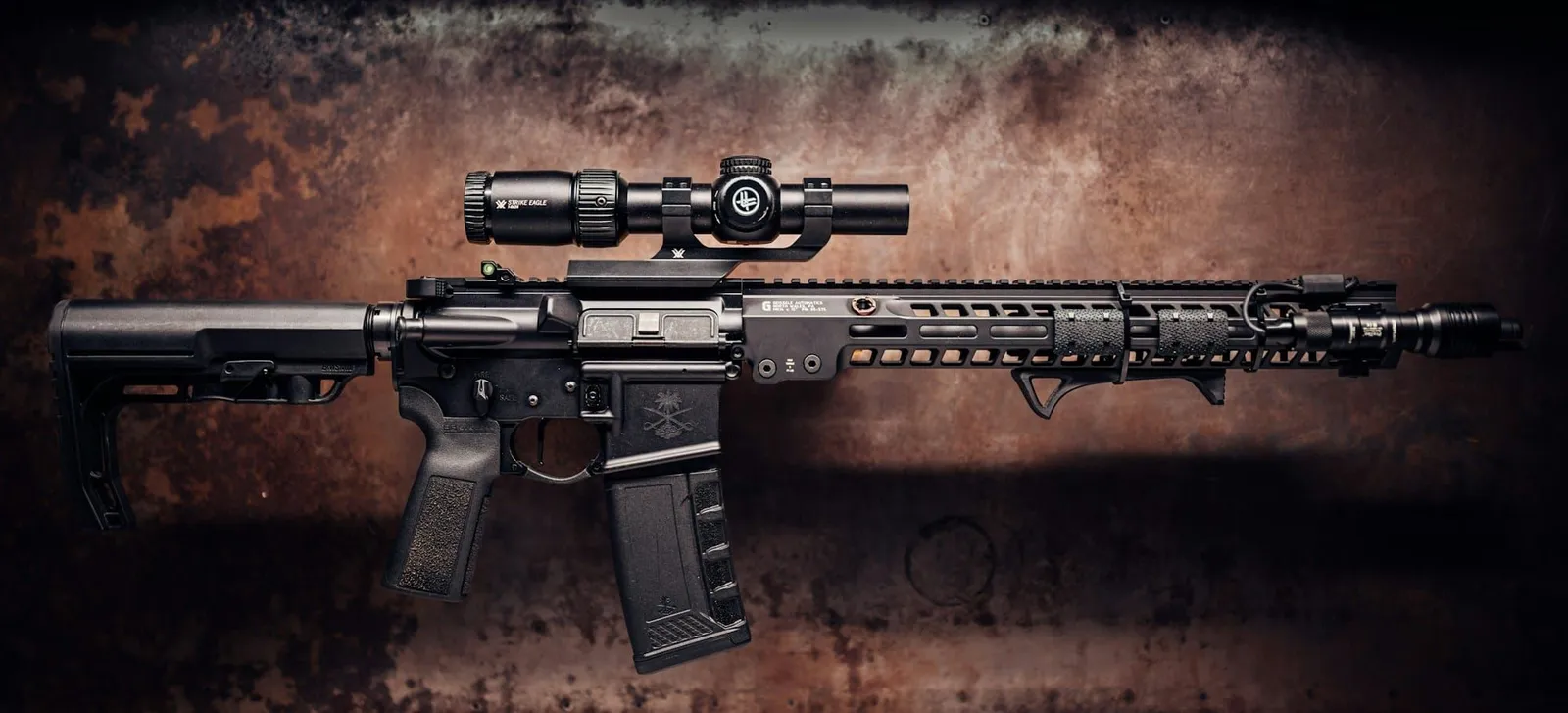 A black semi-automatic rifle fitted with an optical scope